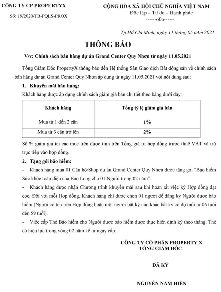 Giá bán dự án Grand Center Quy Nhơn