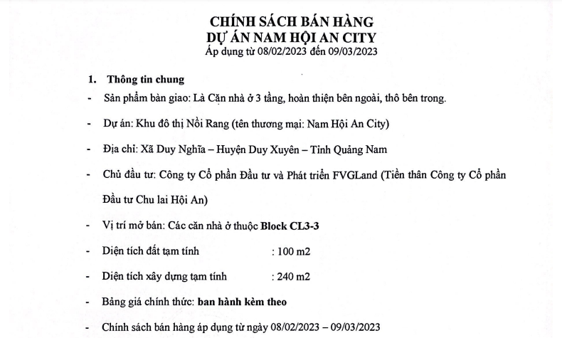 Chính sách Dự án Nam Hội An City